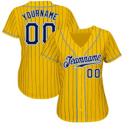Gold Navy Pinstripe Light Blue Authentic Custom Baseball Jersey Custom Gold Navy Pinstripe Navy-Light Blue Authentic Baseball