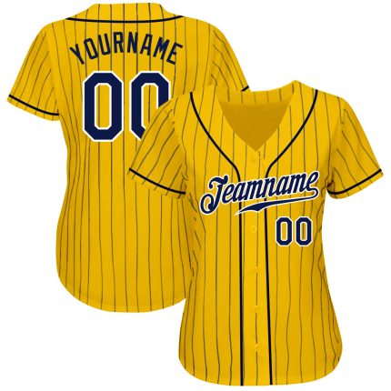 Custom Gold Navy Pinstripe Authentic Baseball Jersey - Navy and White Design Custom Gold Navy Pinstripe Navy-White Authentic