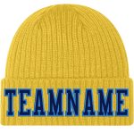 Gold Navy Powder Blue Cuffed Knit Hat with Custom Stitched Design Custom Gold Navy-Powder Blue Stitched Cuffed Knit Hat