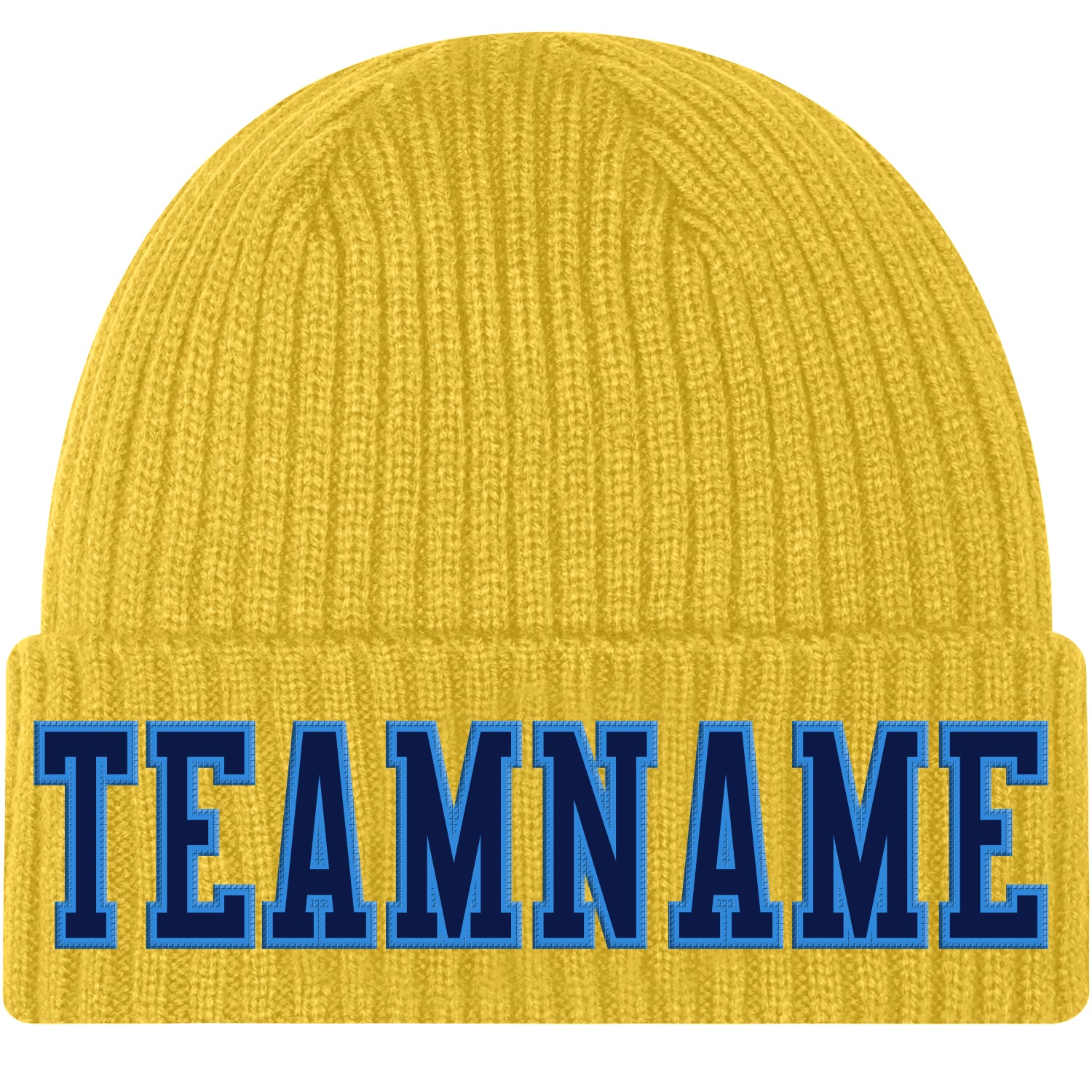 Gold Navy Powder Blue Cuffed Knit Hat with Custom Stitched Design Custom Gold Navy-Powder Blue Stitched Cuffed Knit Hat
