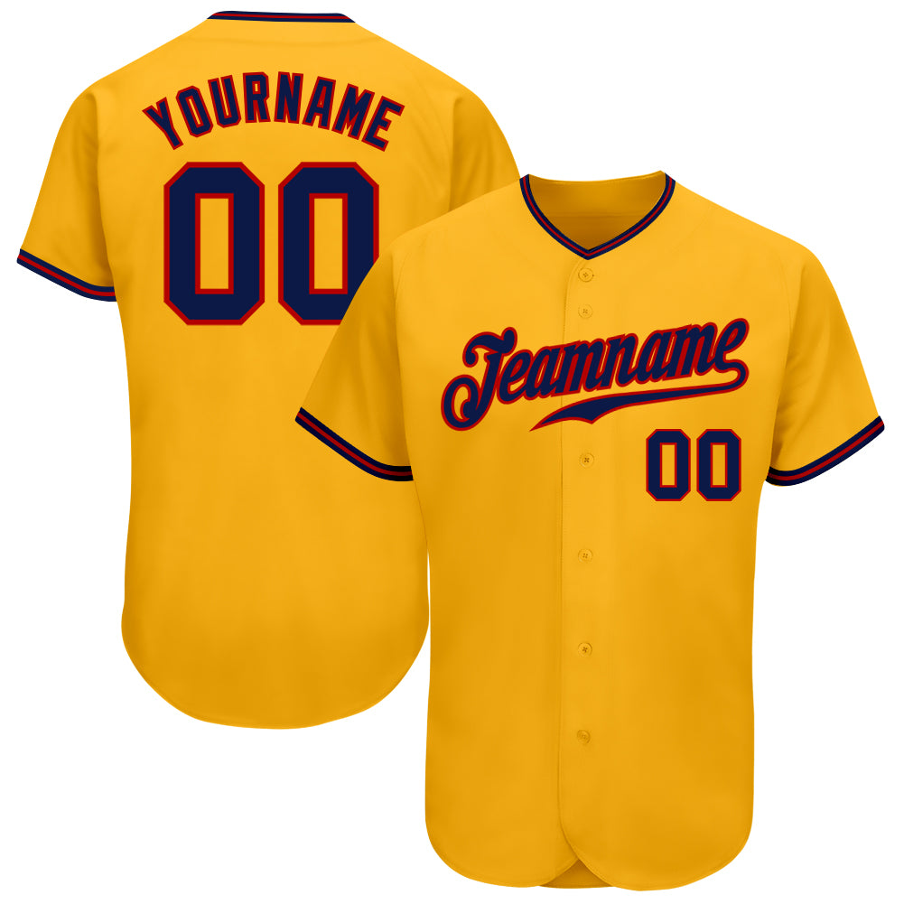 Custom Navy-Red Gold Baseball Jersey - Authentic Design, Personalized Sports Apparel Custom Gold Navy-Red Authentic Baseball