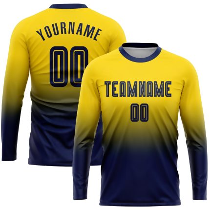Custom Gold Navy Soccer Jersey - Long Sleeve Fade Fashion Uniform Style 4214 Custom Gold Navy Sublimation Long Sleeve Fade