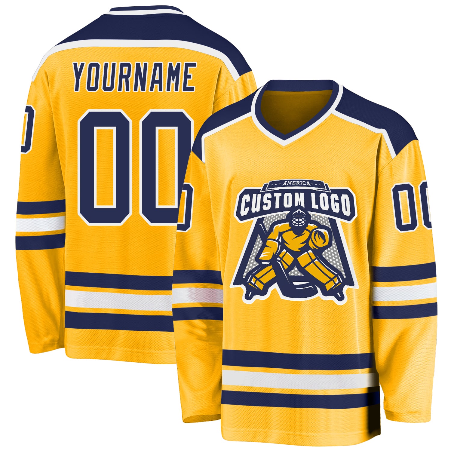 Custom Gold Navy-White Hockey Jersey Custom Gold Hockey Jersey - Navy and White Design, Personalized Team Apparel Custom Gold Navy-White Hockey Jersey