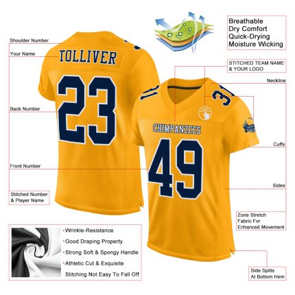 Custom Gold Navy White Football Jersey - Authentic Mesh Design for Fans Custom Gold Navy-White Mesh Authentic Football Jersey