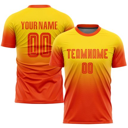 Gold Orange Fade Soccer Jersey Custom Sublimation Fashion Uniform Custom Gold Orange Sublimation Fade Fashion Soccer Uniform