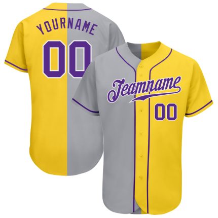 Custom Gold Purple Gray White Baseball Jersey - Authentic Split Fashion Style Custom Gold Purple Gray-White Authentic Split
