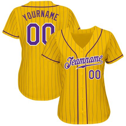 Custom Gold Purple Pinstripe Authentic Baseball Jersey - Purple-White Design Custom Gold Purple Pinstripe Purple-White Authentic