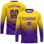 Custom Gold Purple Soccer Uniform Jersey, Long Sleeve Fade Fashion Shirt Custom Gold Purple Sublimation Long Sleeve Fade