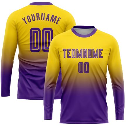 Custom Gold Purple Soccer Uniform Jersey, Long Sleeve Fade Fashion Shirt Custom Gold Purple Sublimation Long Sleeve Fade