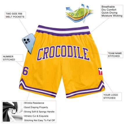 Gold Purple-White Custom Authentic Basketball Shorts - Throwback Style Custom Gold Purple-White Authentic Throwback Basketball