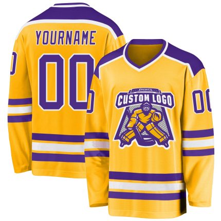 Custom Purple White Gold Hockey Jersey - Personalized Team Jersey for Fans Custom Gold Purple-White Hockey Jersey