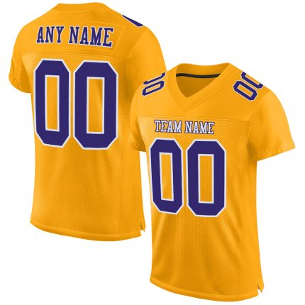 Custom Gold Purple White Football Jersey - Authentic Mesh Style Custom Gold Purple-White Mesh Authentic Football Jersey