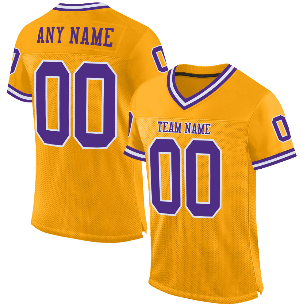 Custom Gold Purple White Football Jersey - Authentic Throwback Mesh Style Custom Gold Purple-White Mesh Authentic Throwback