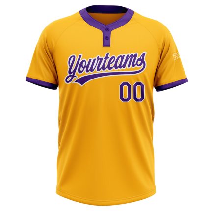 Custom Gold Purple White Softball Jersey Unisex Two-Button Design Custom Gold Purple-White Two-Button Unisex Softball Jersey
