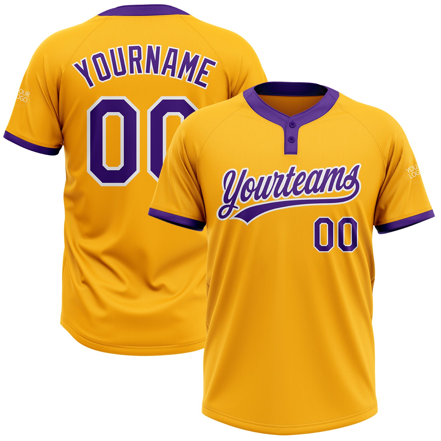 Custom Gold Purple White Softball Jersey Unisex Two-Button Design Custom Gold Purple-White Two-Button Unisex Softball Jersey