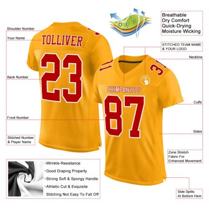 Custom Gold Red-White Authentic Football Jersey - Personalized Mesh Jersey for Fans Custom Gold Red-White Mesh Authentic