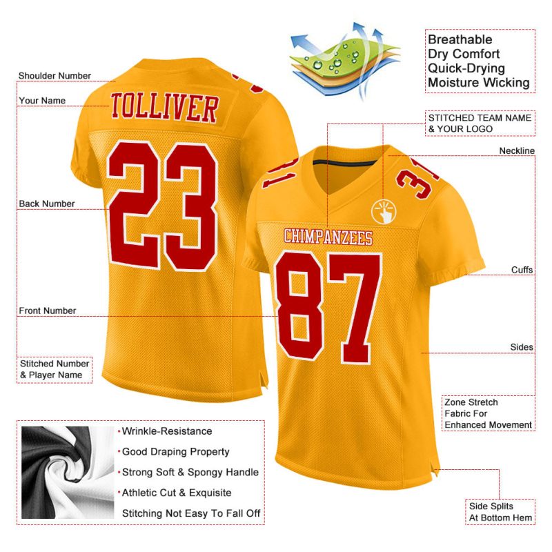 Custom Gold Red-White Authentic Football Jersey - Personalized Mesh Jersey for Fans Custom Gold Red-White Mesh Authentic
