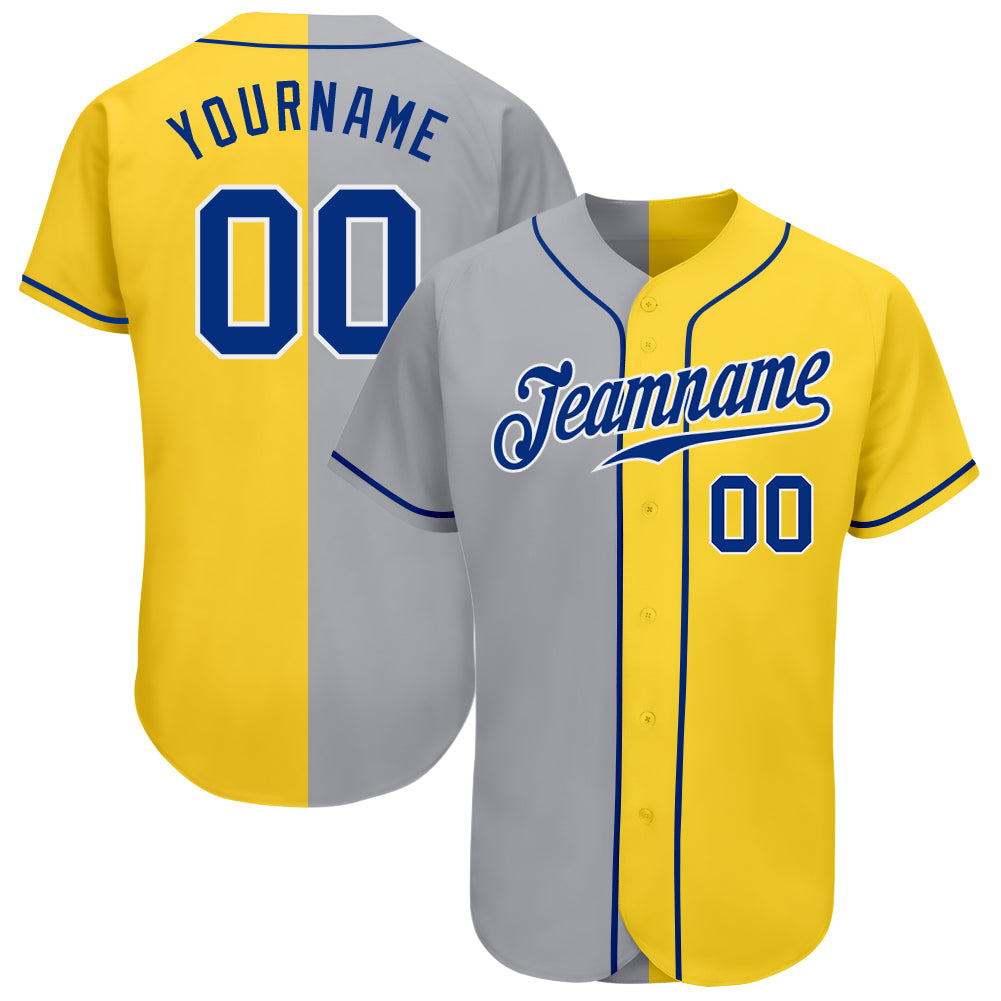 Custom Gold Gray White Authentic Split Fashion Baseball Jersey Custom Gold Royal Gray-White Authentic Split Fashion Baseball