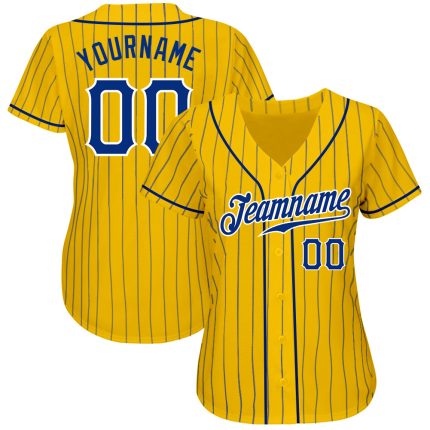 Custom Gold Pinstripe Baseball Jersey - Authentic Royal-White Design Custom Gold Royal Pinstripe Royal-White Authentic Baseball
