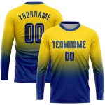 Custom Gold Royal Soccer Jersey Long Sleeve Fashion Uniform Fade Design Custom Gold Royal Sublimation Long Sleeve Fade Fashion