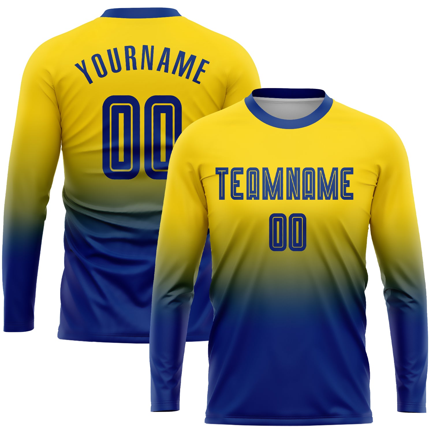 Custom Gold Royal Soccer Jersey Long Sleeve Fashion Uniform Fade Design Custom Gold Royal Sublimation Long Sleeve Fade Fashion