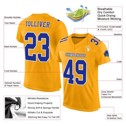 Custom Gold Royal White Mesh Football Jersey - Authentic Design for Team Spirit Custom Gold Royal-White Mesh Authentic Football