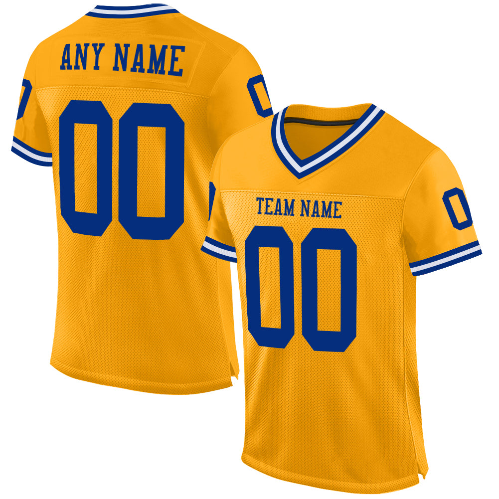 Custom Gold White Mesh Football Jersey Authentic Throwback Custom Gold Royal-White Mesh Authentic Throwback Football Jersey