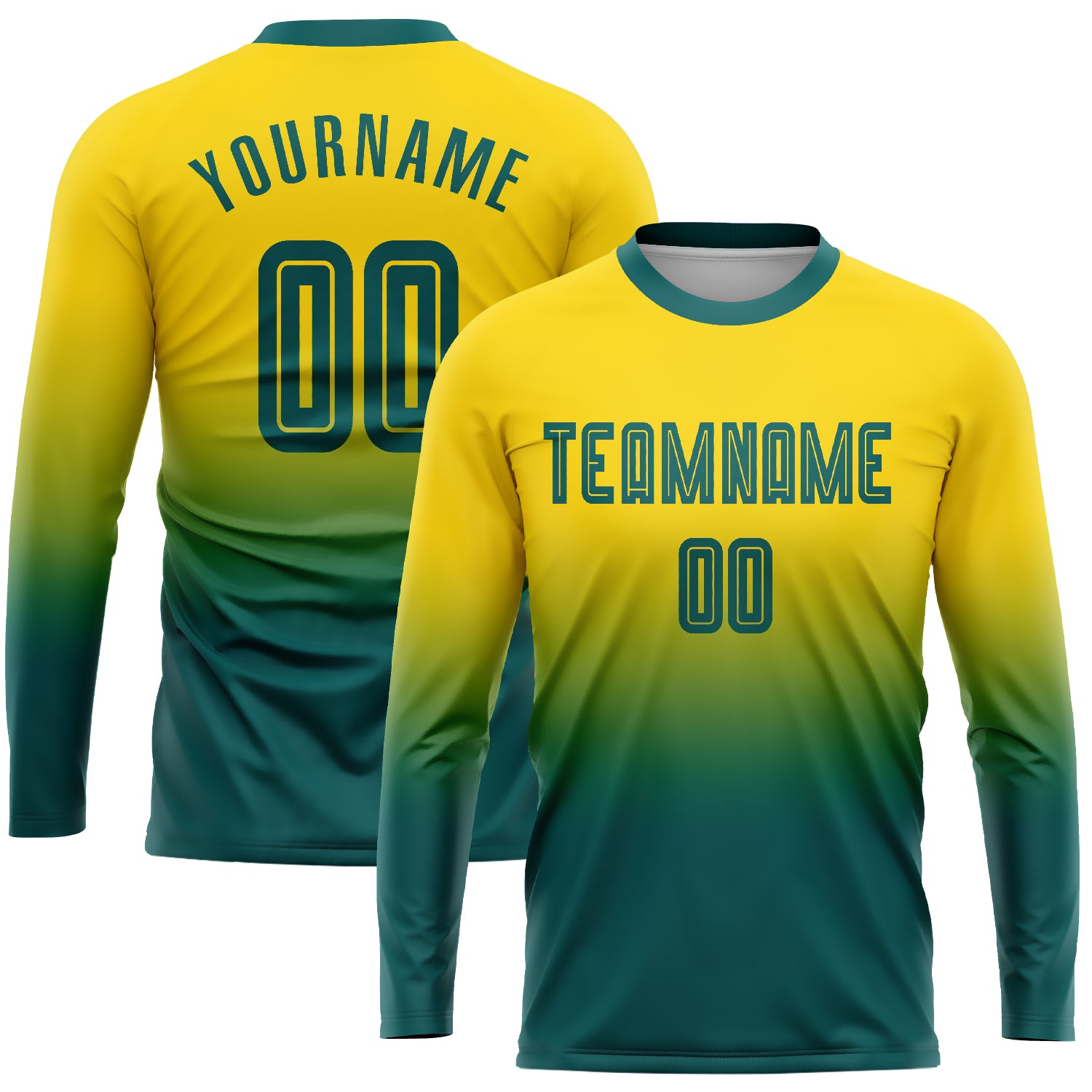 Custom Gold Teal Soccer Uniform Jersey - Long Sleeve Fade Fashion Design Custom Gold Teal Sublimation Long Sleeve Fade Fashion
