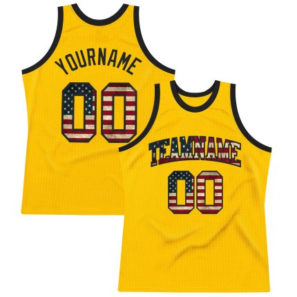 Custom Gold Vintage USA Flag Black Basketball Jersey Authentic Throwback Custom Gold Vintage USA Flag-Black Authentic Throwback