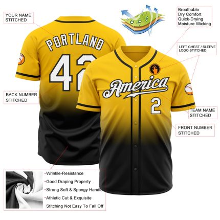 Custom Gold Black White Fade Baseball Jersey - Authentic Fashion Apparel Custom Gold White-Black Authentic Fade Fashion Baseball