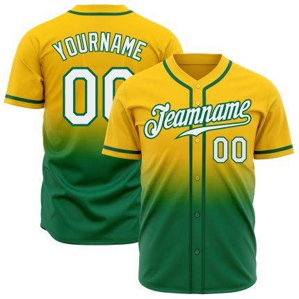 Custom Gold White Kelly Green Baseball Jersey - Authentic Fade Fashion Design Custom Gold White-Kelly Green Authentic Fade
