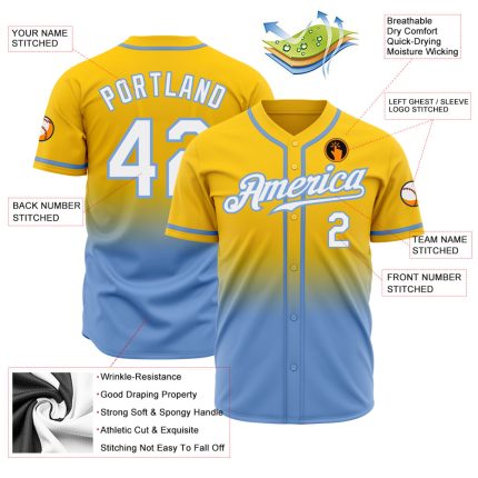Custom Gold White Light Blue Fade Baseball Jersey - Authentic Fashion Design Custom Gold White-Light Blue Authentic Fade
