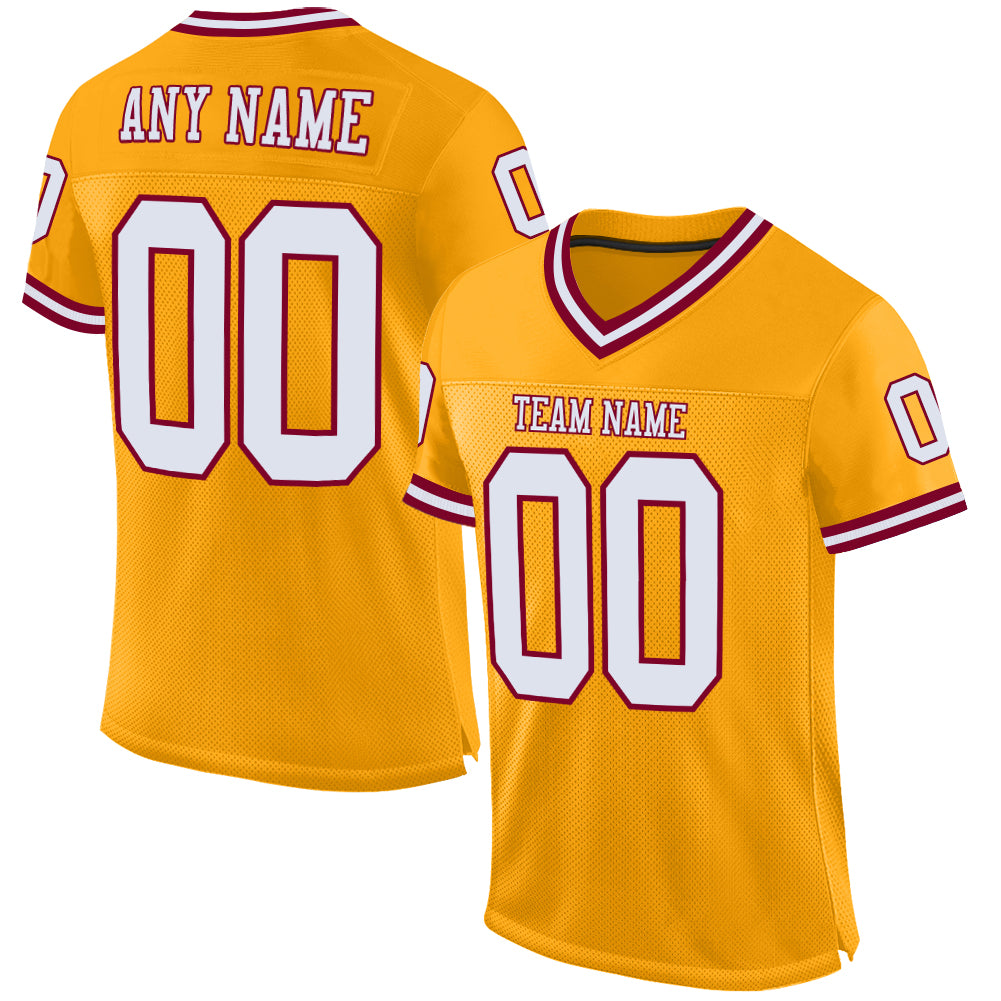 Custom Gold Maroon White Mesh Football Jersey - Authentic Throwback Design Custom Gold White-Maroon Mesh Authentic Throwback