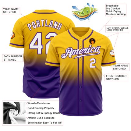 Custom Gold White Purple Authentic Baseball Jersey - Fade Fashion Design Custom Gold White-Purple Authentic Fade Fashion