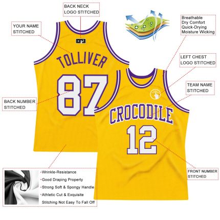 Custom Gold Purple White Authentic Basketball Jersey - Throwback Style Custom Gold White-Purple Authentic Throwback Basketball