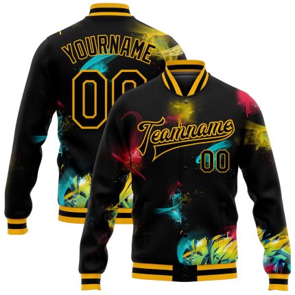 Black Gold Custom Graffiti 3D Varsity Letterman Bomber Jacket Full-Snap Custom Graffiti Pattern Black-Gold 3D Bomber Full-Snap