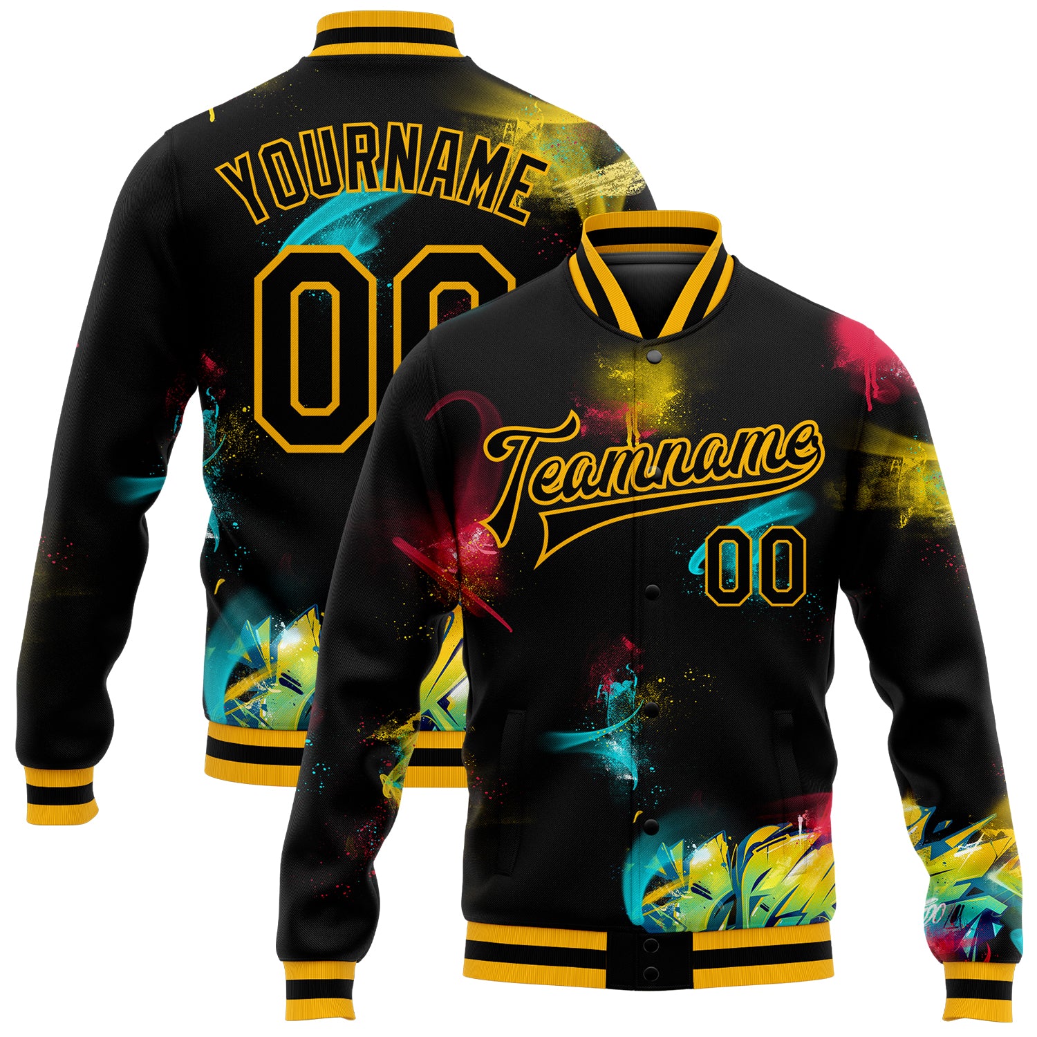 Custom Graffiti Pattern Black-Gold 3D Bomber Full-Snap Varsity Letterman Jacket Black Gold Custom Graffiti 3D Varsity Letterman Bomber Jacket Full-Snap Custom Graffiti Pattern Black-Gold 3D Bomber Full-Snap