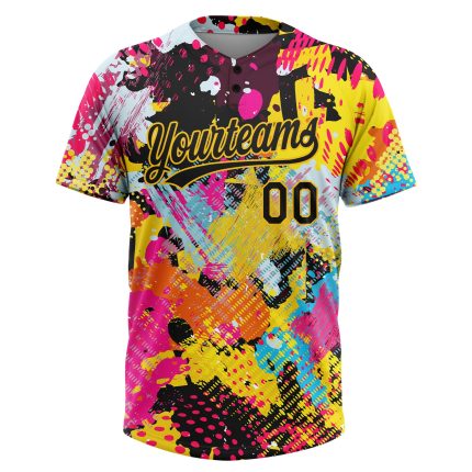 Custom Graffiti Black Gold 3D Psychedelic Unisex Softball Jersey - Stylish Two-Button Design Custom Graffiti Pattern Black-Gold