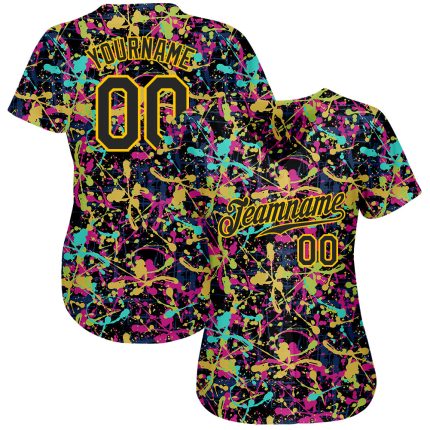 Custom Black Gold 3D Graffiti Pattern Grunge Baseball Jersey Authentic Custom Graffiti Pattern Black-Gold 3D Grunge Shabby