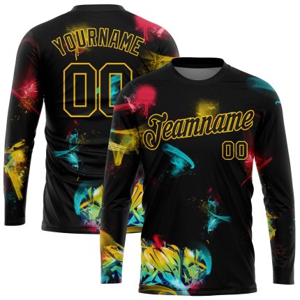Black Gold Custom Graffiti Pattern 3D Long Sleeve Performance T-Shirt Custom Graffiti Pattern Black-Gold 3D Long Sleeve Performance