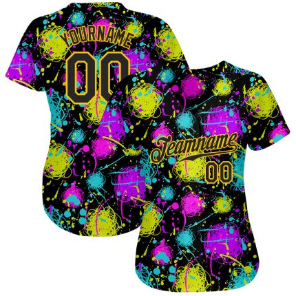 Custom Black Gold Graffiti 3D Neon Splatter Baseball Jersey - Unique Authentic Design Custom Graffiti Pattern Black-Gold