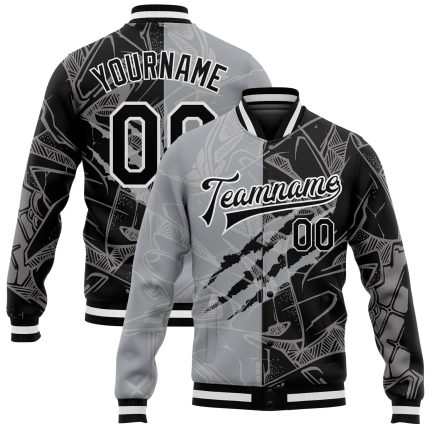 Custom Graffiti Pattern Bomber Jacket Black Gray 3D Scratch Full-Snap Varsity Letterman Custom Graffiti Pattern Black-Gray