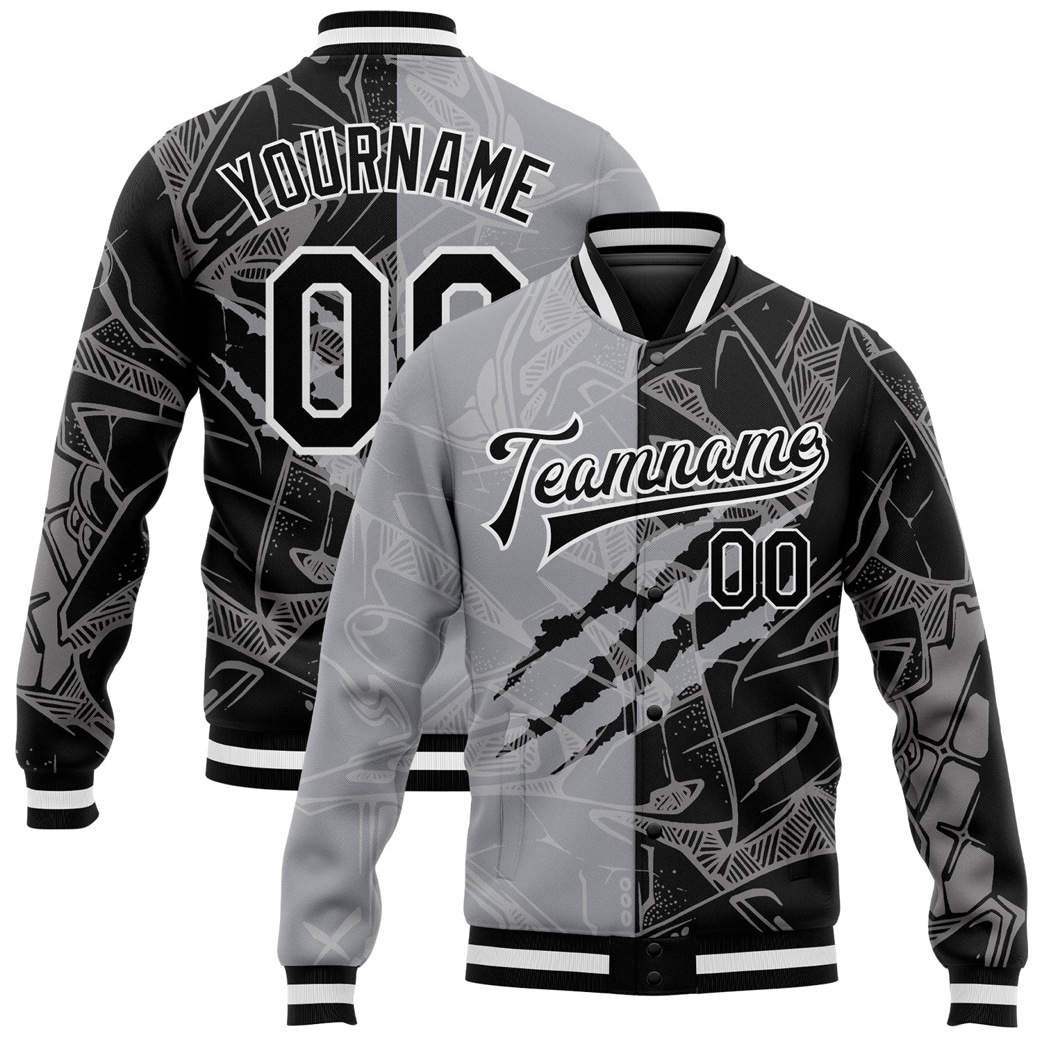 Custom Graffiti Pattern Black-Gray Scratch 3D Bomber Full-Snap Varsity Letterman Jacket Custom Graffiti Pattern Bomber Jacket Black Gray 3D Scratch Full-Snap Varsity Letterman Custom Graffiti Pattern Black-Gray