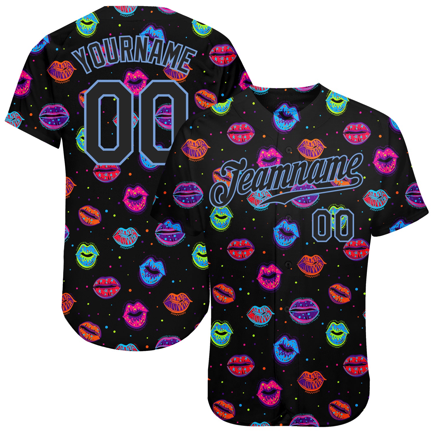 Custom Graffiti Pattern Black-Light Blue 3D Dots And Kiss Lips Authentic Baseball Jersey Custom Graffiti Black Light Blue 3D Dots Kiss Lips Baseball Jersey Authentic Custom Graffiti Pattern Black-Light Blue 3D
