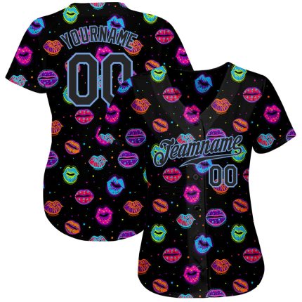 Custom Graffiti Black Light Blue 3D Dots Kiss Lips Baseball Jersey Authentic Custom Graffiti Pattern Black-Light Blue 3D