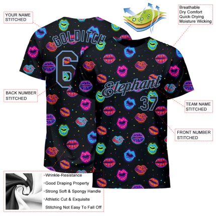 Custom Graffiti 3D Dots Black Light Blue Kiss Lips Performance T-Shirt Custom Graffiti Pattern Black-Light Blue 3D Dots And