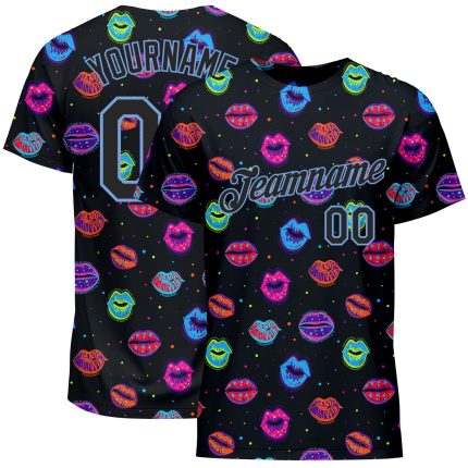 Custom Graffiti 3D Dots Black Light Blue Kiss Lips Performance T-Shirt Custom Graffiti Pattern Black-Light Blue 3D Dots And