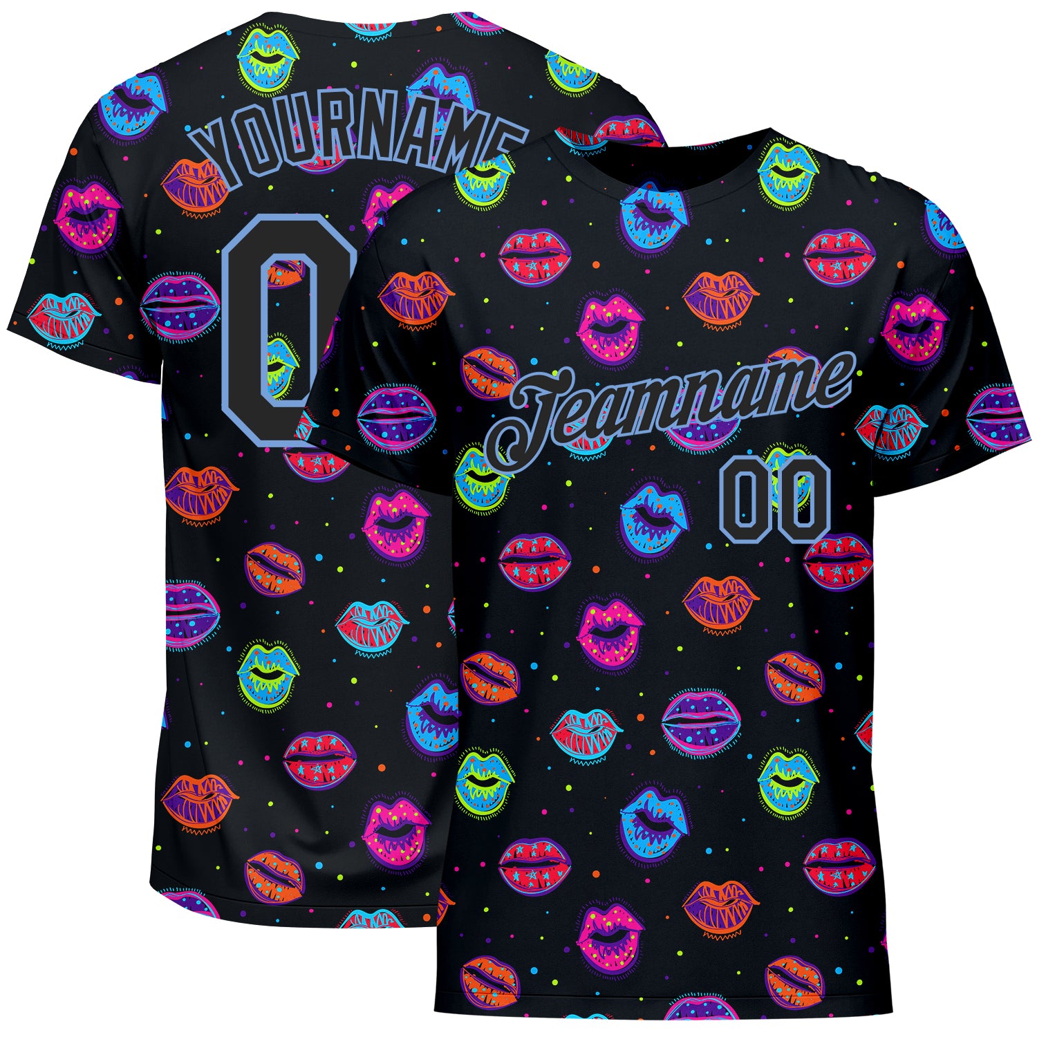Custom Graffiti 3D Dots Black Light Blue Kiss Lips Performance T-Shirt Custom Graffiti Pattern Black-Light Blue 3D Dots And