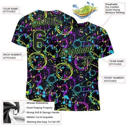 Black Neon Green Custom Graffiti Pattern 3D Splatter Performance T-Shirt Custom Graffiti Pattern Black-Neon Green 3D Neon