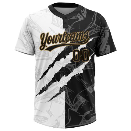 Custom Graffiti Pattern Black and Old Gold 3D Two-Button Unisex Softball Jersey 6269 Custom Graffiti Pattern Black-Old Gold